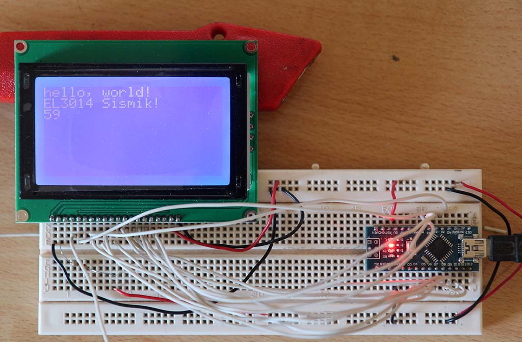 Arduino Nano V3 mengendalikan LCD dot matrix JHD12864