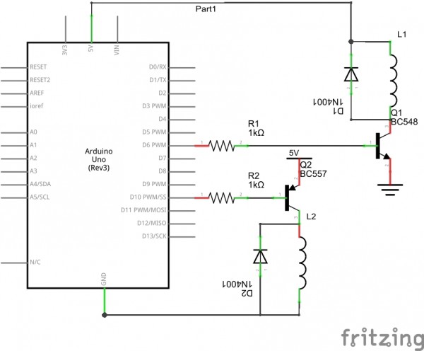 Rangkaian Arduino dengan relay melalui transistor