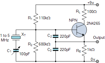 Crystal Colpitts Oscillator circuit for clock with single transistor
