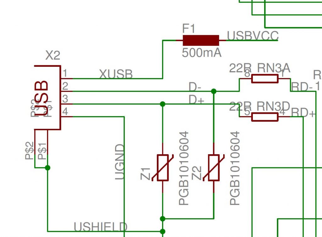 Sekring F1 (500 mA) pada jalur 5 volt USB