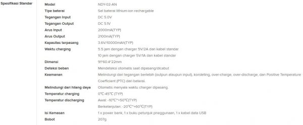 Spesifikasi powerbank Xiaomi 10000 mAh