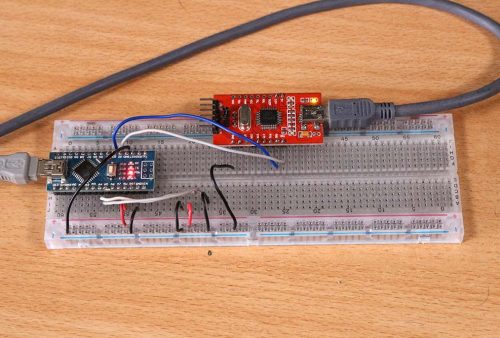 Percobaan software serial dengan arduino nano dan modul USB to serial converter di breadboard