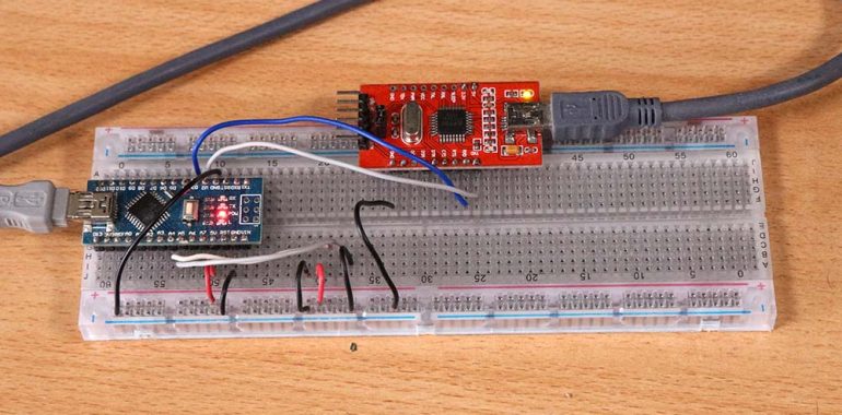 Percobaan software serial dengan arduino nano dan modul USB to serial converter di breadboard