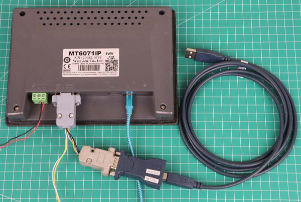 HMI Weintek MT6071iP dengan Kabel serial USB untuk ke desktop/laptop