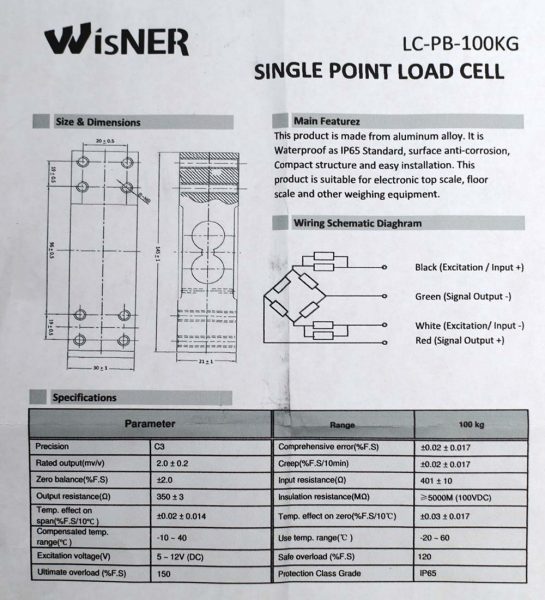 Datasheet load cell LC-PB-100kg