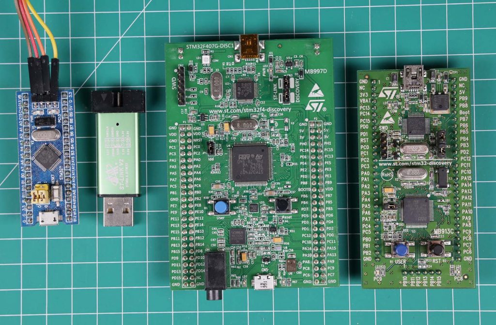 STM32 Blue Pill. ST Link V2 (clone), STM32F4 Discovery, STM32 Discovery